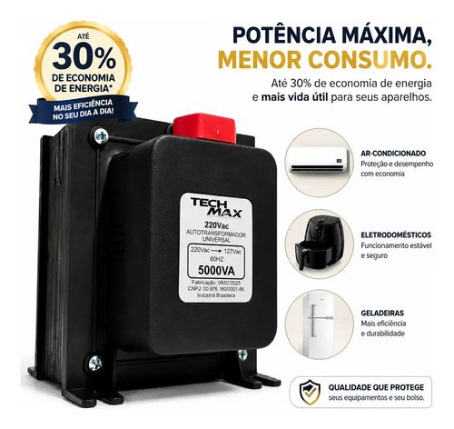 Auto Transformador 5000VA Bivolt 2000W Techmax para Eletrodomésticos e ar condicionado até 12000 btus