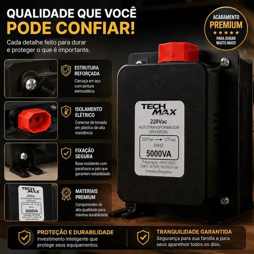Auto Transformador 5000VA Bivolt 2000W Techmax para Eletrodomésticos e ar condicionado até 12000 btus