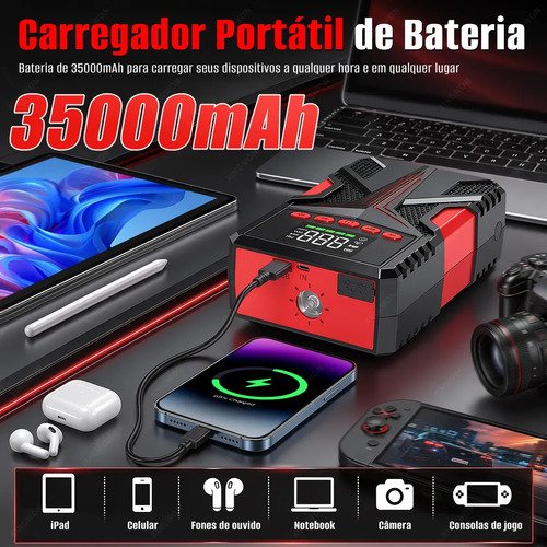 Auxiliar De Partida 6000A Carregador De Portatil 35000mah MAIZHELUN Power Bank Compressor Ar Inteligente De 150psi Com Inflador Rápido, Visor e Luz Led Para Motocicletas, Carros e Automóveis