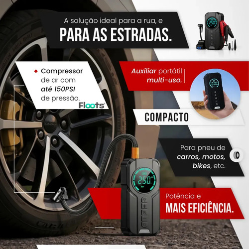Auxiliar de Partida Carregador Bateria Com Compressor de Ar Emergência Portátil Veicular Floots Automotivo