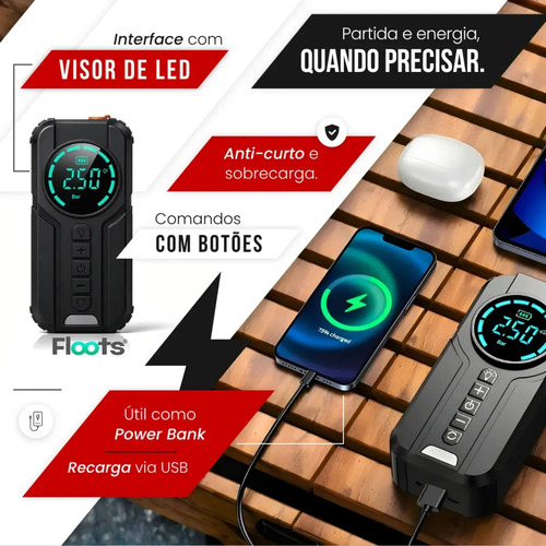 Auxiliar de Partida Carregador Bateria Com Compressor de Ar Emergência Portátil Veicular Floots Automotivo