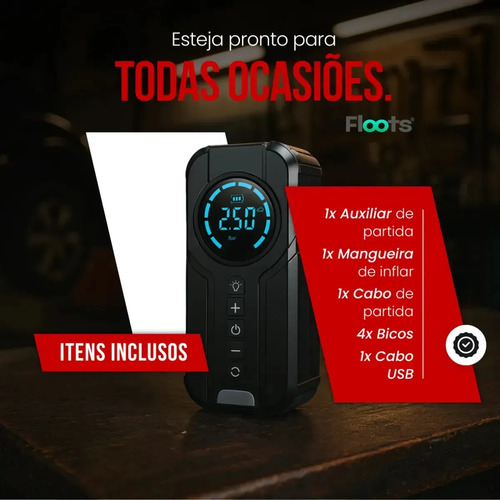 Auxiliar de Partida Carregador Bateria Com Compressor de Ar Emergência Portátil Veicular Floots Automotivo