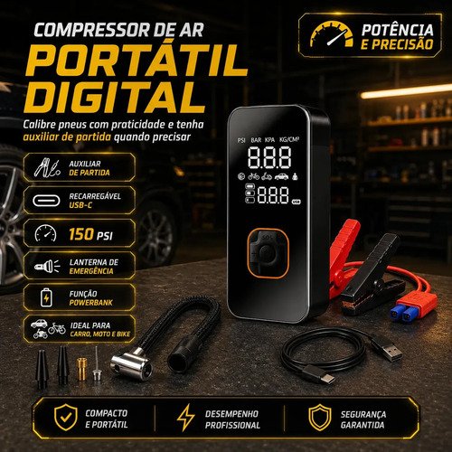 Auxiliar de partida compressor de ar e power bank para carro
