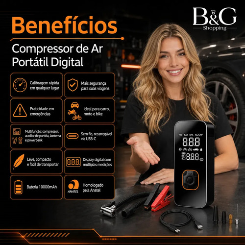 Auxiliar de Partida de Bateria Veicular Portátil Com Compressor de Ar Para Carro e Moto