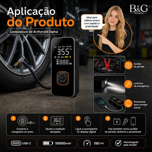 Auxiliar de Partida de Bateria Veicular Portátil Com Compressor de Ar Para Carro e Moto