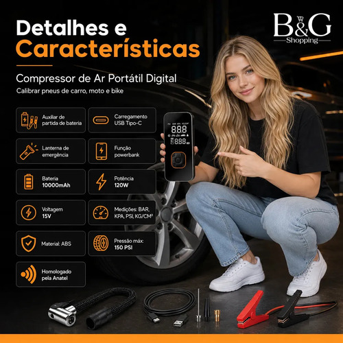 Auxiliar de Partida de Bateria Veicular Portátil Com Compressor de Ar Para Carro e Moto