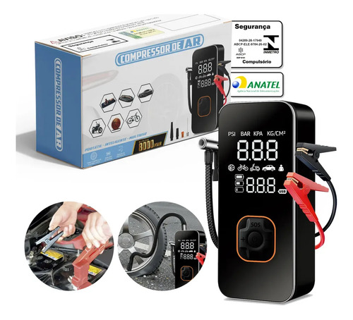 Auxiliar de Partida de Bateria Veicular Portátil Com Compressor de Ar Para Carro e Moto