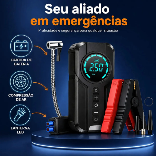 Auxiliar de Partida e Compressor de Ar Portátil 6 em 1 Inteligente para Carro Bicicleta Bola Carregar Celular Brazuca Com Lanterna Sinalização Brazuca Cell