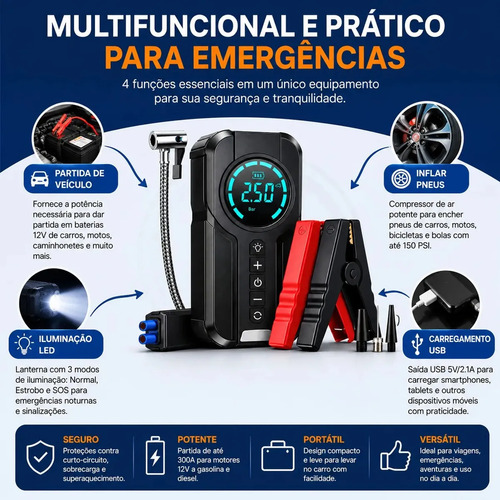 Auxiliar de Partida e Compressor de Ar Portátil 6 em 1 Inteligente para Carro Bicicleta Bola Carregar Celular Brazuca Com Lanterna Sinalização Brazuca Cell