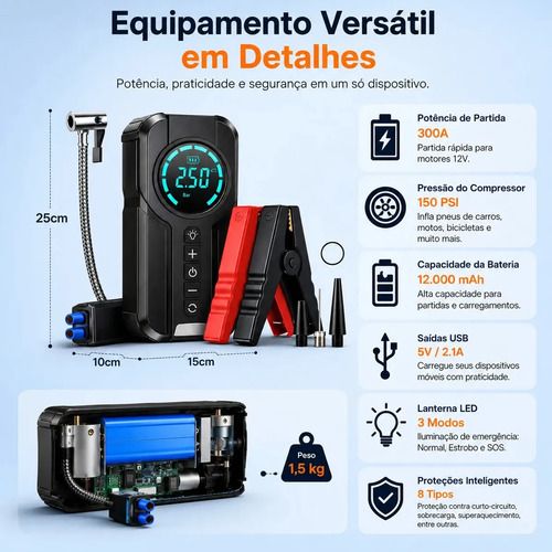 Auxiliar de Partida e Compressor de Ar Portátil 6 em 1 Inteligente para Carro Bicicleta Bola Carregar Celular Brazuca Com Lanterna Sinalização Brazuca Cell