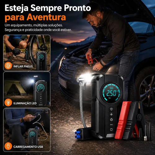Auxiliar de Partida e Compressor de Ar Portátil 6 em 1 Inteligente para Carro Bicicleta Bola Carregar Celular Brazuca Com Lanterna Sinalização Brazuca Cell