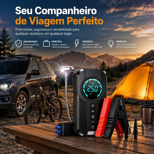 Auxiliar de Partida e Compressor de Ar Portátil 6 em 1 Inteligente para Carro Bicicleta Bola Carregar Celular Brazuca Com Lanterna Sinalização Brazuca Cell