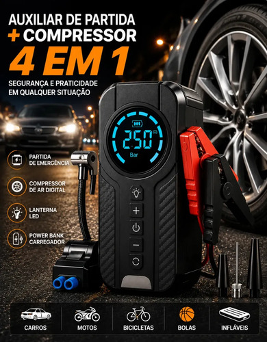 Auxiliar De Partida Para Carro Compressor De Ar Portátil 12V Inflador Digital Calibrador De Pneu Power Bank Lanterna LED Emergência Automotiva Moto SUV Bicicleta Caminhonete MidiaFone