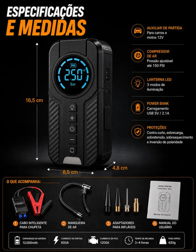 Auxiliar De Partida Para Carro Compressor De Ar Portátil 12V Inflador Digital Calibrador De Pneu Power Bank Lanterna LED Emergência Automotiva Moto SUV Bicicleta Caminhonete MidiaFone