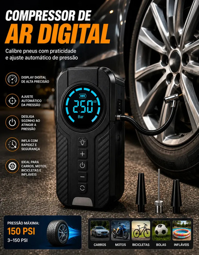 Auxiliar De Partida Para Carro Compressor De Ar Portátil 12V Inflador Digital Calibrador De Pneu Power Bank Lanterna LED Emergência Automotiva Moto SUV Bicicleta Caminhonete MidiaFone