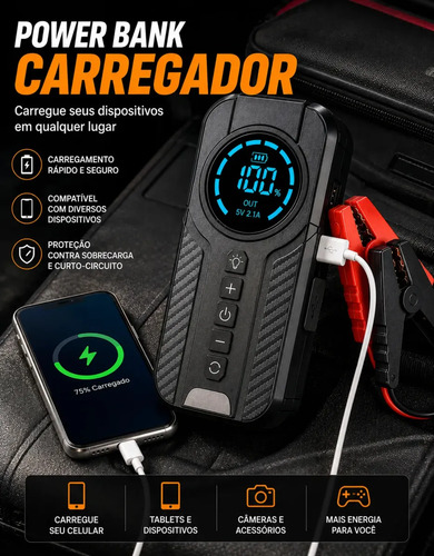 Auxiliar De Partida Para Carro Compressor De Ar Portátil 12V Inflador Digital Calibrador De Pneu Power Bank Lanterna LED Emergência Automotiva Moto SUV Bicicleta Caminhonete MidiaFone