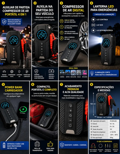 Auxiliar De Partida Para Carro Compressor De Ar Portátil 12V Inflador Digital Calibrador De Pneu Power Bank Lanterna LED Emergência Automotiva Moto SUV Bicicleta Caminhonete MidiaFone