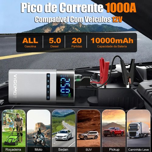 Auxiliar de Partida Vigomot para Carro com Compressor de Ar e Power Bank