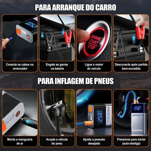 Auxiliar de Partida Vigomot para Carro com Compressor de Ar e Power Bank