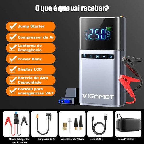 Auxiliar de Partida Vigomot para Carro com Compressor de Ar e Power Bank