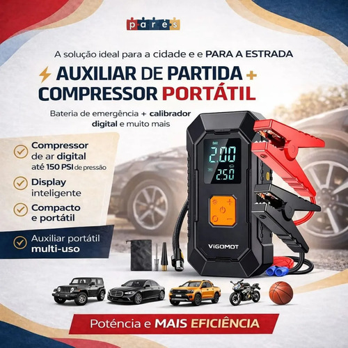 Auxiliar Partida Bateria Compressor Ar Inteligente Emergência Portátil Veicular Com Compressor De Ar, Pares Portátil Compressor Ar Veicular