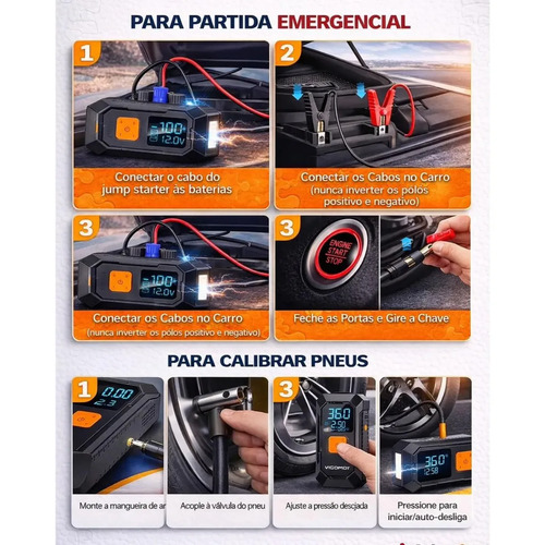 Auxiliar Partida Bateria Compressor Ar Inteligente Emergência Portátil Veicular Com Compressor De Ar, Pares Portátil Compressor Ar Veicular