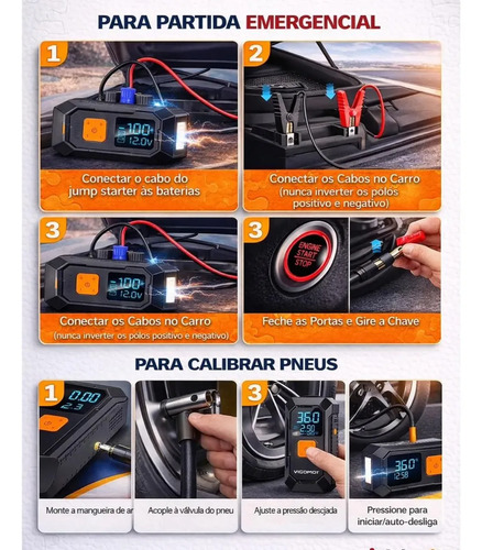 Auxiliar Partida Bateria Compressor Ar Inteligente Emergência Portátil Veicular Com Compressor De Ar, Pares Portátil Compressor Ar Veicular