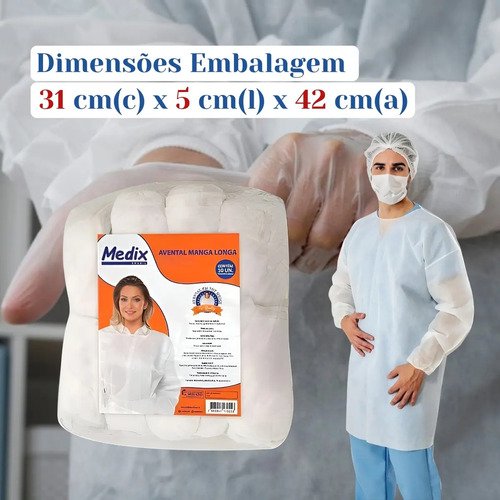 Avental Descartável 16g Pacote 10 Unidades Medix Manga Longa