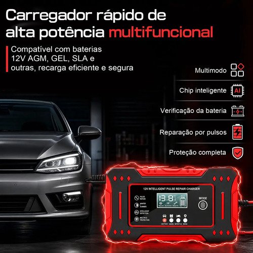 aweshine Carregador inteligente de bateria automotivo 12V portátil, para carro, moto, caminhão e bateria estacionária vermelho