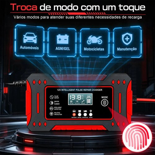 aweshine Carregador inteligente de bateria automotivo 12V portátil, para carro, moto, caminhão e bateria estacionária vermelho