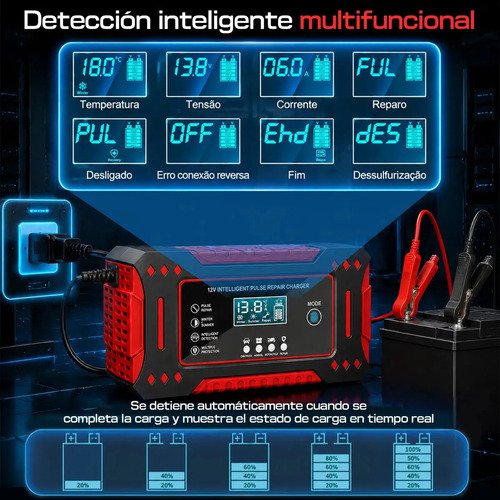aweshine Carregador inteligente de bateria automotivo 12V portátil, para carro, moto, caminhão e bateria estacionária vermelho