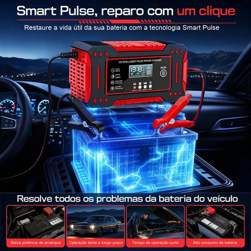 aweshine Carregador inteligente de bateria automotivo 12V portátil, para carro, moto, caminhão e bateria estacionária vermelho