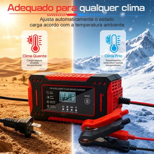 aweshine Carregador inteligente de bateria automotivo 12V portátil, para carro, moto, caminhão e bateria estacionária vermelho