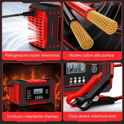 aweshine Carregador inteligente de bateria automotivo 12V portátil, para carro, moto, caminhão e bateria estacionária vermelho