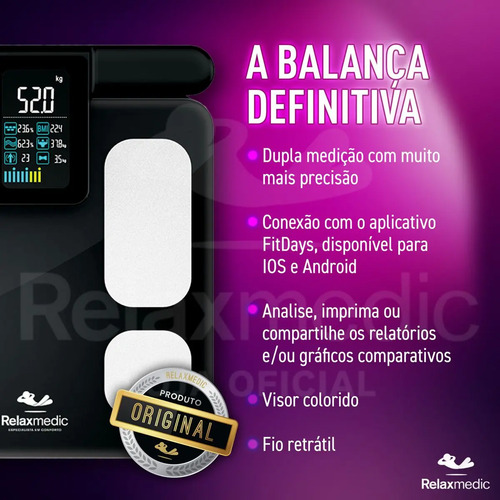 Balança Bioimpedância Corporal Digital 8 Sensores Profissional Bodyscan - Relaxmedic Cor Preto
