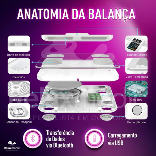 Balança Bioimpedância Corporal Digital Profissional 8 Eletrodos Bodyscan Pro - Relaxmedic Cor Branca