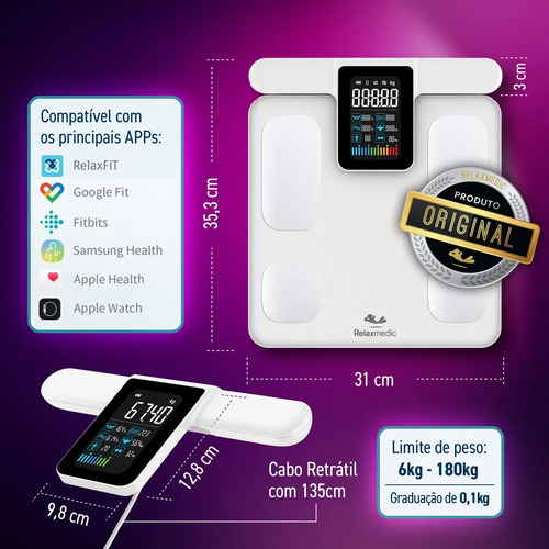 Balança Bioimpedância Corporal Digital Profissional 8 Eletrodos Bodyscan Pro - Relaxmedic Cor Branca
