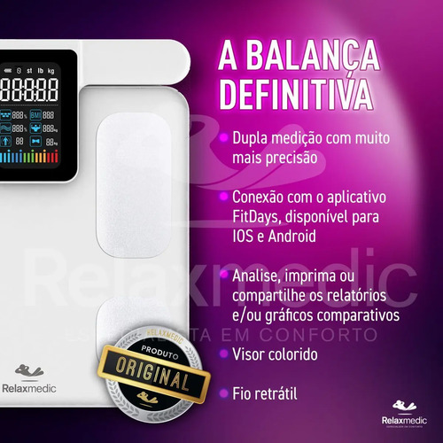 Balança Bioimpedância Corporal Digital Profissional 8 Eletrodos Bodyscan Pro - Relaxmedic Cor Branca
