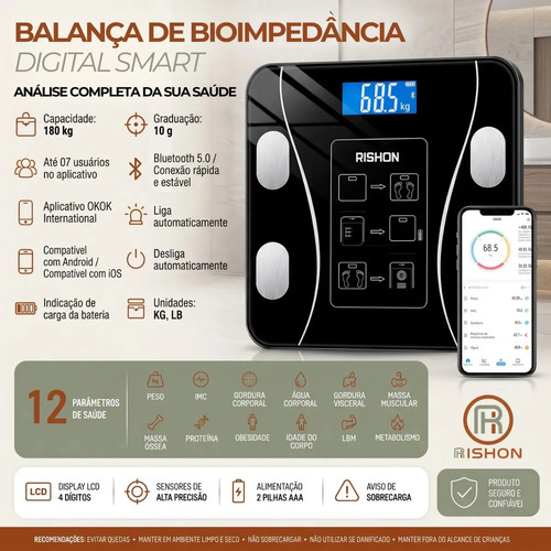 Balanca bioimpedancia digital 180kg smart imc profissional r 1