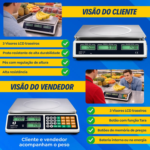 Balança Comercial 40kg Digital Display Duplo Bateria Hw