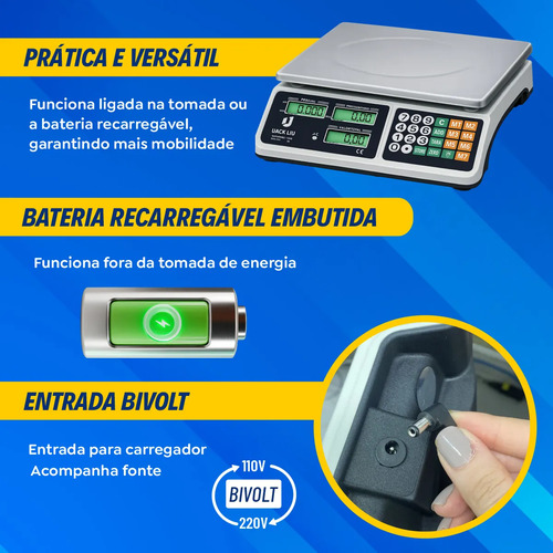 Balança Comercial 40kg Digital Display Duplo Bateria Hw