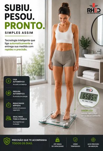Balança Corporal Digital Vidro Temperado Transparente Portátil pesagem Academia Nutricionista Balanca 180kg Dieta Treino Fitness Musculação Saúde Profissional Ou Domestico - Rhead Red High End Studios