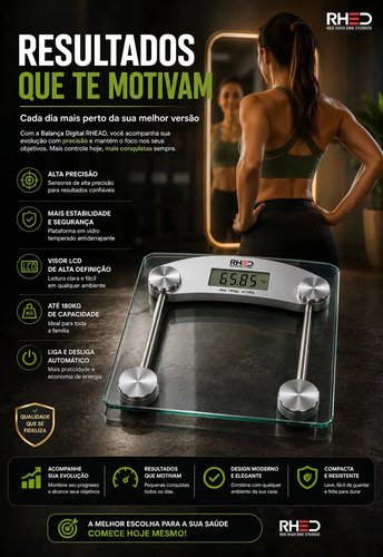 Balança Corporal Digital Vidro Temperado Transparente Portátil pesagem Academia Nutricionista Balanca 180kg Dieta Treino Fitness Musculação Saúde Profissional Ou Domestico - Rhead Red High End Studios