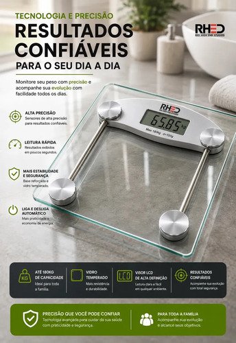 Balança Corporal Digital Vidro Temperado Transparente Portátil pesagem Academia Nutricionista Balanca 180kg Dieta Treino Fitness Musculação Saúde Profissional Ou Domestico - Rhead Red High End Studios