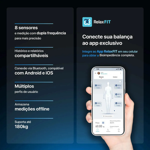 Balança De Bioimpedância 8 Sensores Relaxmedic Digital Preto