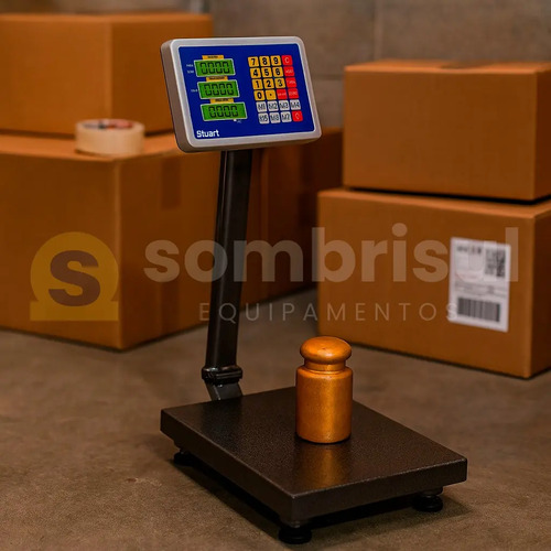 Balança De Plataforma Digital Suporta 200kg Com Coluna E Base Antiderrapante Resistente 40x30cm C/ Visor Led Bivolt 110v 127v 220v - Bateria Integrada - Traduzida Em Português - Cor Cinza - Stuart