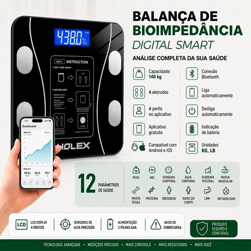 Balança Digital Corporal Bioimpedância Pholex Com Aplicativo Bluetooth Android e iOS Vidro Temperado Alta Capacidade Balança Academia Personal Banheiro Homologada Anatel