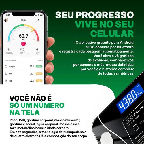 Balança Digital Corporal Bioimpedância Pholex Com Aplicativo Bluetooth Android e iOS Vidro Temperado Alta Capacidade Balança Academia Personal Banheiro Homologada Anatel