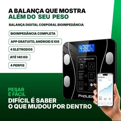Balança Digital Corporal Bioimpedância Pholex Com Aplicativo Bluetooth Android e iOS Vidro Temperado Alta Capacidade Balança Academia Personal Banheiro Homologada Anatel