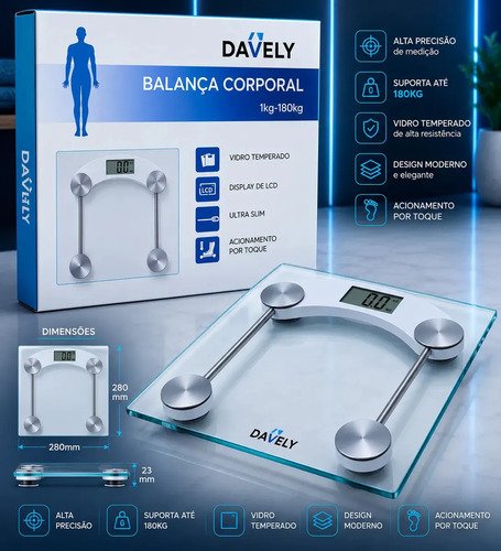 Balança Digital Corporal Vidro Temperado Alta Capacidade Balança De Banheiro Academia Portátil Pesagem Nutricionista Balanca 180kg Davely